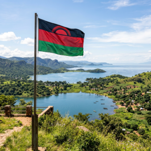 Malawi flag flying above a lush green landscape with Lake Malawi and boats below