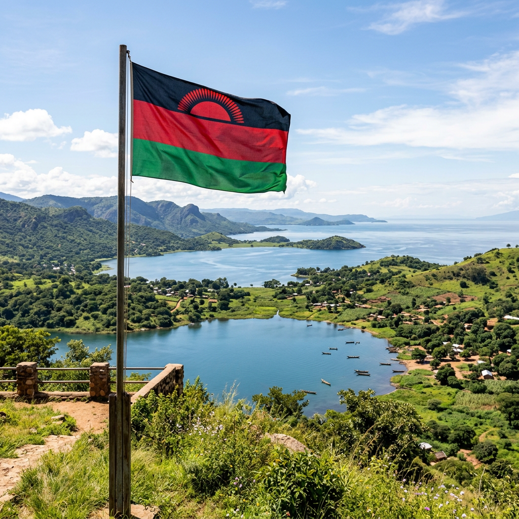 Malawi flag flying above a lush green landscape with Lake Malawi and boats below