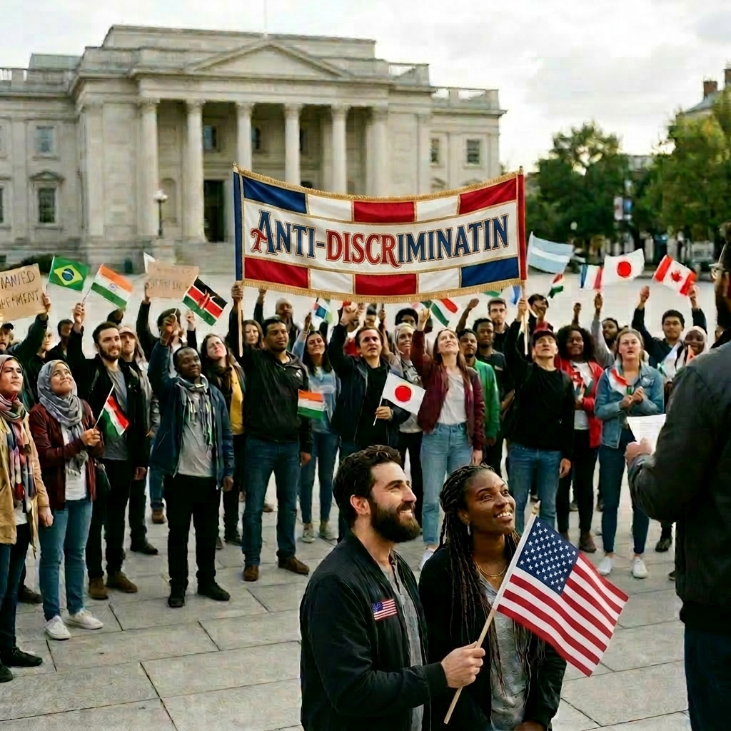 Group of people holding international flags and a sign reading 'Justice for all people diverse nations united'